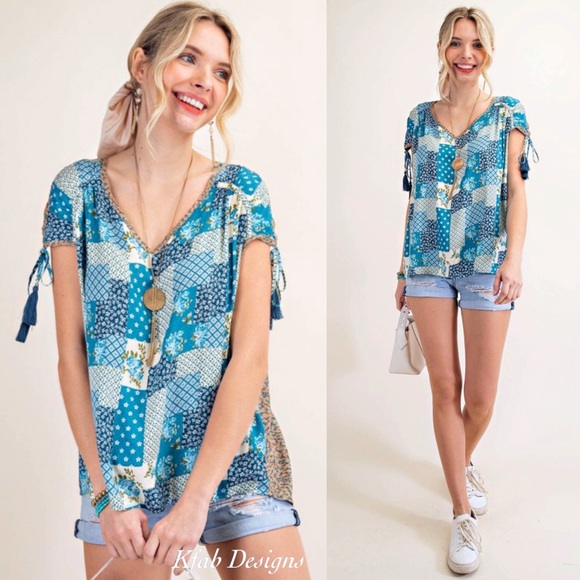 ❤️LAST 2! V Neck Teal Blue Mix Print Boho Crinkle Side Tie Top! - Picture 4 of 8